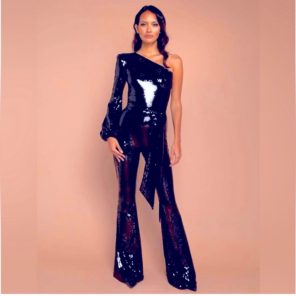 NADINE MERABI Black One-Shoulder Sequin Jumpsuit